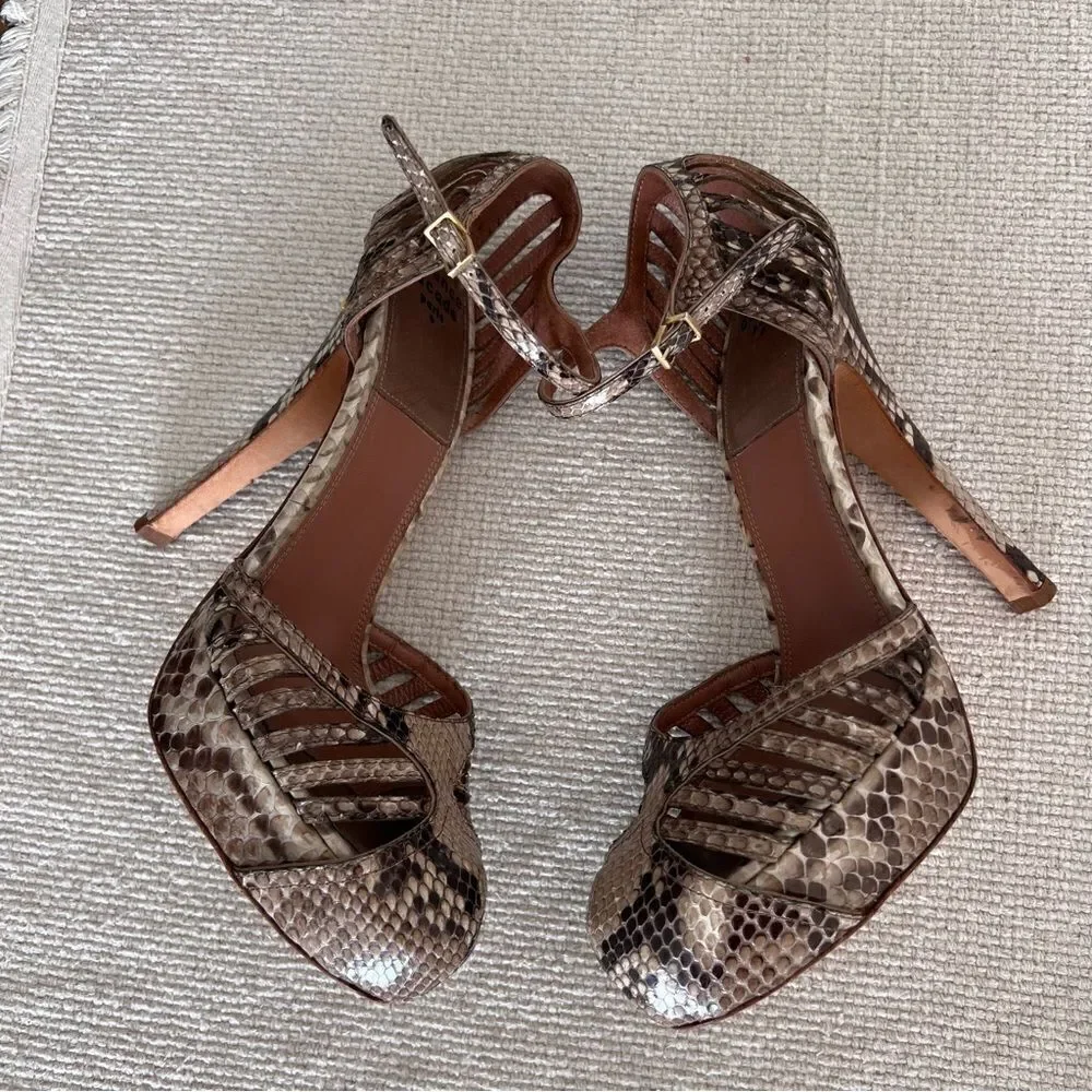 LAURENCE DECADE Paris Snakeskin Leather Platform Ankle Strap Heels Size 37